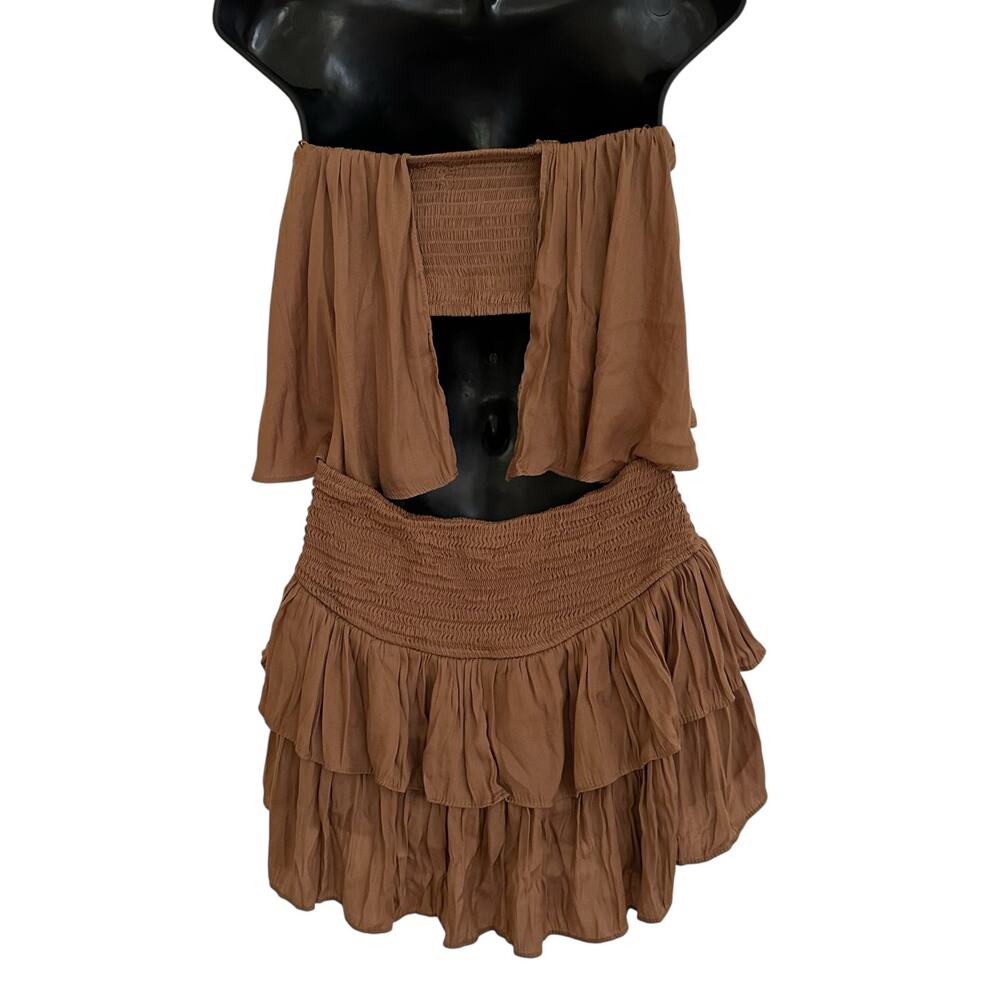 Mustard Seed Women Boho Brown Strapless Open Smocked Back Ruffle Romper Size M - Picture 2 of 8